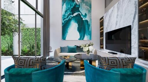 Elegant living room with modern furnishings and large art piece