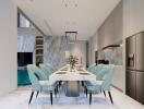 Modern dining room with elegant marble accents and teal chairs