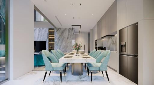 Modern dining room with elegant marble accents and teal chairs