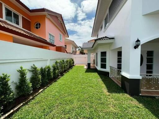 Bright and well-maintained garden area between residential homes