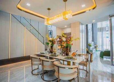 Elegant dining room with modern decor and city view