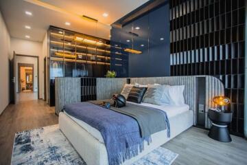 Modern bedroom with elegant design and ambient lighting