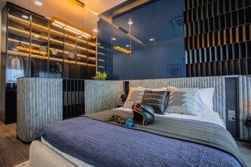 Modern bedroom with stylish interior design and ambient lighting