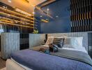 Modern bedroom with stylish interior design and ambient lighting