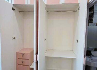 Spacious bedroom closet with multiple storage options