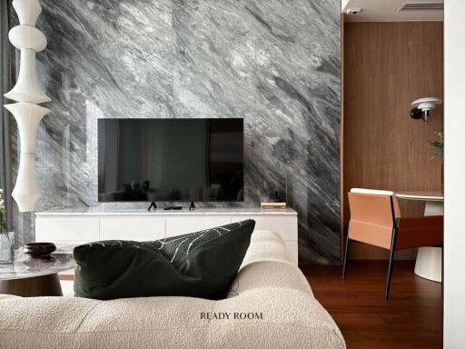 Elegant living room with marble wall and wooden accents