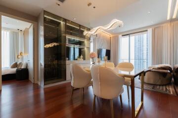 Elegant dining area with view of city skyline
