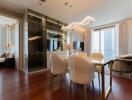 Elegant dining area with view of city skyline