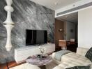 Elegant and modern living room with marble wall