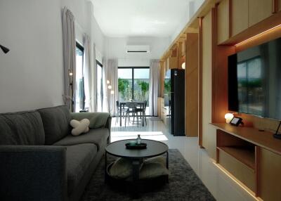 Modern living room interior with sofa, coffee table, TV, dining area, and natural lighting