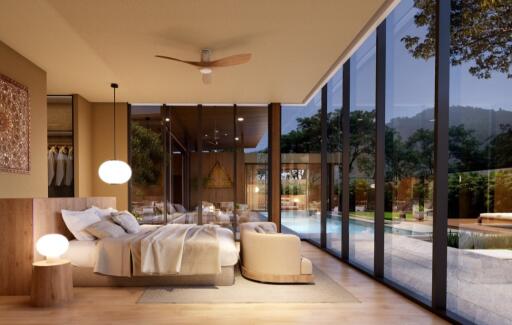 Modern bedroom with seamless transition to outdoor pool area