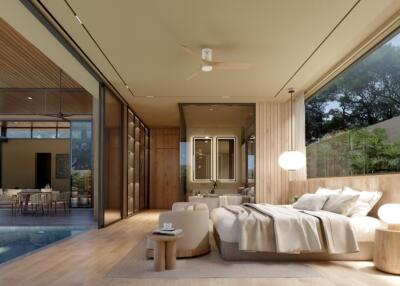 Modern bedroom with seamless indoor-outdoor transition overlooking a pool