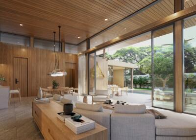 Spacious and modern living room with wooden ceiling and expansive glass windows