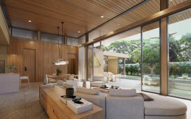 Spacious and modern living room with wooden ceiling and expansive glass windows
