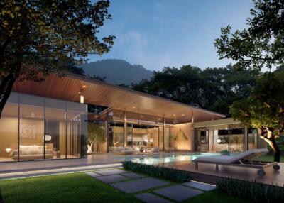 Luxurious modern house with large windows, swimming pool, and lush garden at dusk