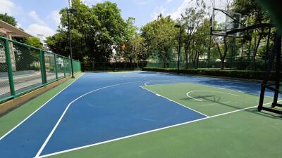 Well-maintained outdoor basketball court with vibrant blue flooring and surrounded by green trees
