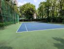 Tennis court surrounded by lush greenery in residential community