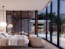 Modern bedroom with large glass windows overlooking a pool