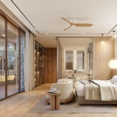 Modern bedroom with sliding glass doors, wooden accents, and warm lighting