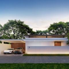 Modern single-story residential home with garage during twilight
