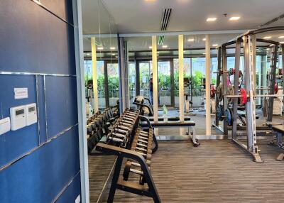 Well-equipped gym with dumbbells and exercise machines