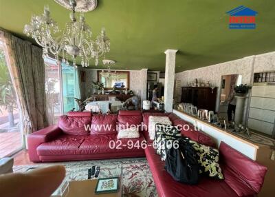 Spacious and ornately decorated living room with red leather sofas and green walls