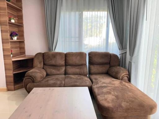 Modern living room interior with comfortable brown sofa and stylish decor