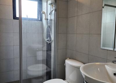 Modern bathroom interior with shower stall, toilet, and sink