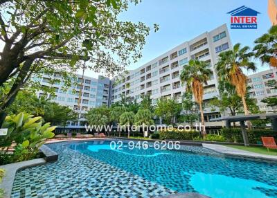 Lush outdoor swimming pool surrounded by palm trees and adjacent to modern residential buildings