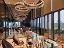 Luxurious modern office space with expansive windows and elegant lighting