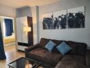 Contemporary living room with modern sofa and artistic decor