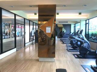 Modern gym interior with exercise equipment and mirrored walls