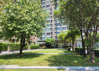 Modern high-rise apartment building viewed from a lush green park