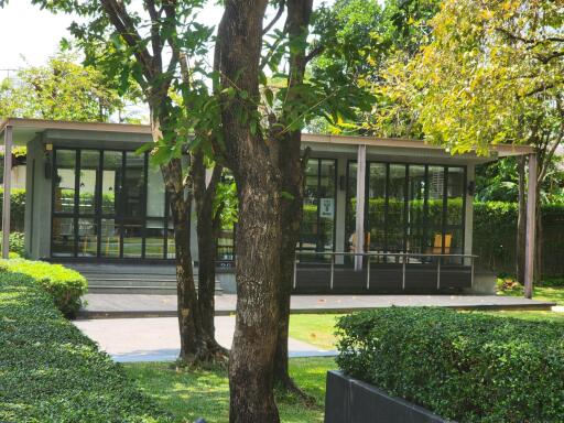 Modern glass-fronted building surrounded by lush greenery