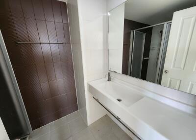 Modern bathroom interior with a large mirror and white sink