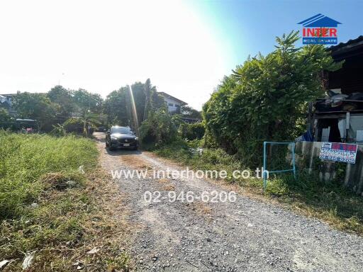 Dirt driveway leading to a residential property with a parked car and surrounding greenery