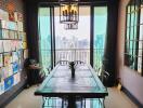 Elegant dining room with city view and vintage decor