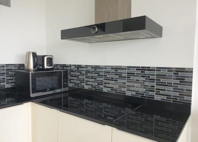Modern kitchen with black granite countertops and tiled backsplash