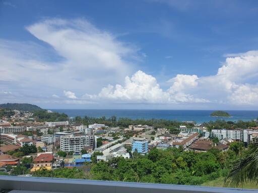 Panoramic view of a coastal city with clear blue skies and ocean in the background