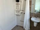 Modern bathroom with walk-in shower and elegant tiling