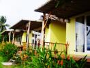 Tropical house facade with a vibrant garden
