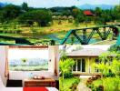 A collage of exterior and interior vistas of a tropical property, featuring a river, bridge, bedroom, and lush garden