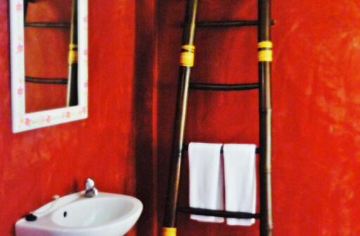 Vibrant red bathroom with decorative ladder and sink
