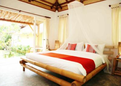 Spacious bedroom with bamboo bed frame and white mosquito netting