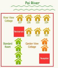 Illustrative layout map of a holiday resort featuring cottages, standard rooms, a restaurant, and reception