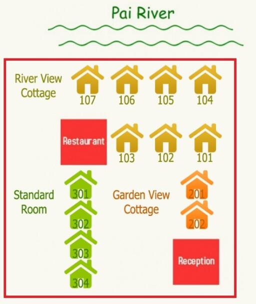 Illustrative layout map of a holiday resort featuring cottages, standard rooms, a restaurant, and reception