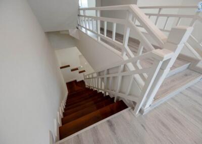 Elegant white staircase with wooden steps in a modern home