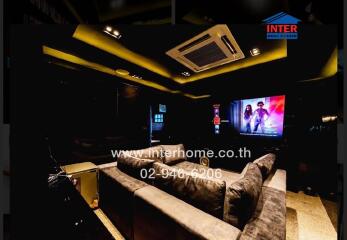 Modern home theater room with plush seating and ambient lighting