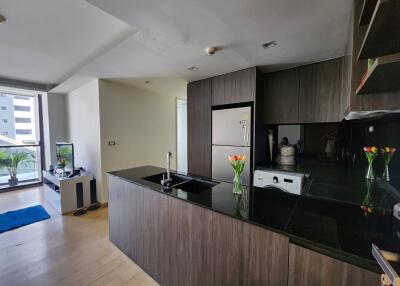 Modern kitchen with dark wood cabinetry and black countertops