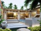 Luxurious house exterior with open patio and pool